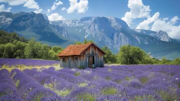 AI generated A real rustic hut in the middle of a blooming lavender field in Provence photo