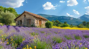 AI generated A real rustic hut in the middle of a blooming lavender field in Provence photo