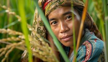 AI generated A woman collects rice in a rice field. photo