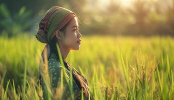 AI generated A woman collects rice in a rice field. photo