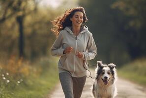 ai generado un mujer corriendo con su perro en un Correa. foto