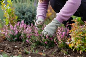 AI generated A woman is planting autumn heathers in the garden. photo