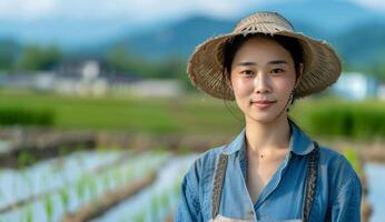 AI generated a woman standing near a rice paddy photo