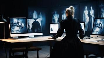 AI generated a woman working in her interior studio showcasing her talents in the fashion design. photo