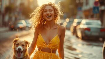 AI generated A young beautiful woman with curly hair dressed in a sundress walks with her dog along the street of a big city photo