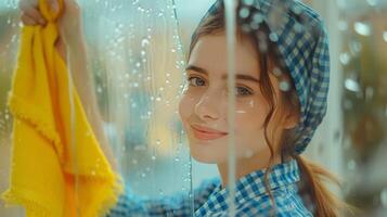 AI generated A young beautiful woman in a checkered blue shirt washes a window with a bright yellow rag photo