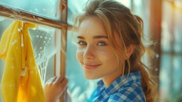 AI generated A young beautiful woman in a checkered blue shirt washes a window with a bright yellow rag photo
