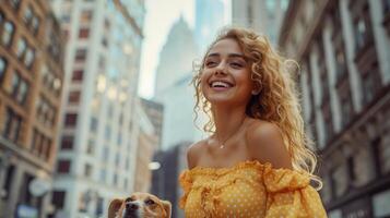 AI generated A young beautiful woman with curly hair dressed in a sundress walks with her dog along the street of a big city photo