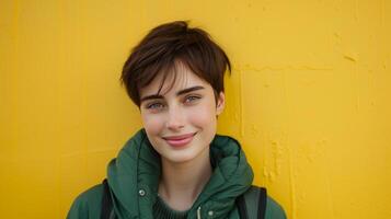 AI generated A young beautiful woman with short hair in a green jacket stands smiling against a bright yellow minimalistic background photo