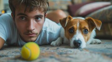 ai generado un joven hermoso hombre mira debajo el sofá y mira para un redondo amarillo tenis pelota foto