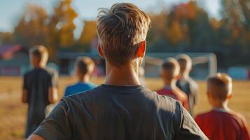 AI generated A young handsome coach stands in front of a team of boys football players. photo