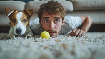 AI generated A young handsome man looks under the sofa and looks for a round yellow tennis ball photo