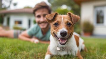 ai generado un joven hermoso hombre obras de teatro captura con su Jack Russell perro en el césped de su hogar foto