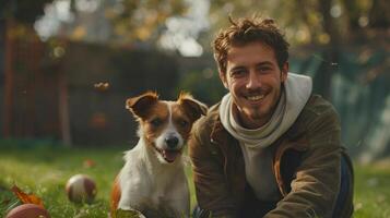 ai generado un joven hermoso hombre obras de teatro captura con su Jack Russell perro en el césped de su hogar foto