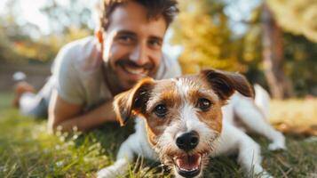 ai generado un joven hermoso hombre obras de teatro captura con su Jack Russell perro en el césped de su hogar foto