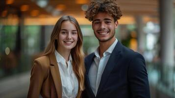 AI generated A young woman in brown trousers and a white shirt stands smiling back to back with a young man in a dark blue suit photo