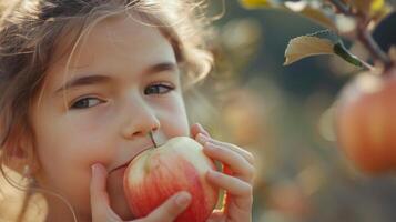 AI generated Beautiful girl 12 years old bites off a large juicy apple, photo