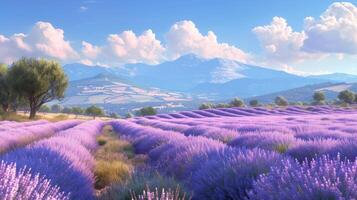 AI generated Beautiful landscape with blooming lavender fields in Provence. photo