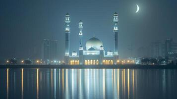 AI generated Beautiful minimalistic night background with a large beautiful mosque photo