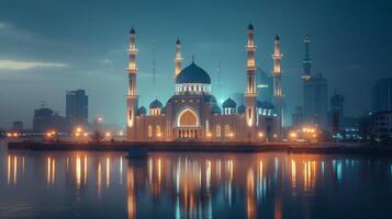 AI generated Beautiful minimalistic night background with a large beautiful mosque photo
