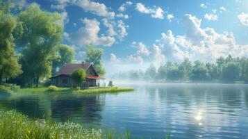 ai generado hermosa natural antecedentes con un casa en un lago foto
