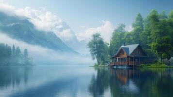 AI generated Beautiful natural background with a house on a lake photo