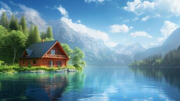 AI generated Beautiful natural background with a house on a lake photo