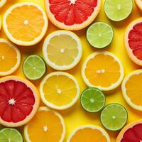 AI generated citrus slices are lying on top of yellow background photo