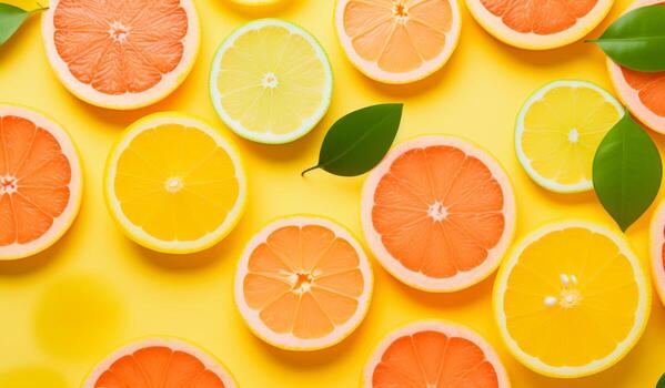 AI generated citrus slices are lying on top of yellow background photo