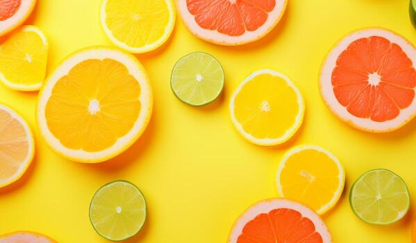 AI generated citrus slices are lying on top of yellow background photo