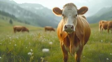 AI generated Cows graze on an alpine green meadow photo