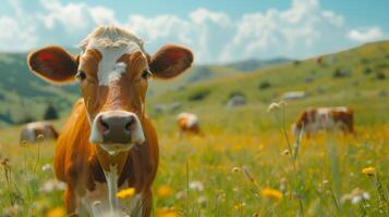 AI generated Cows graze on an alpine green meadow photo