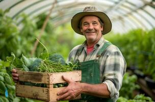 AI generated farmer in agriculture holding a wooden crate of vegetables photo