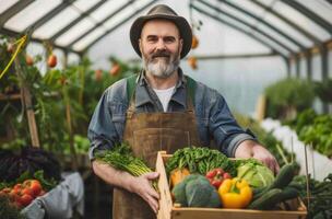 AI generated farmer in agriculture holding a wooden crate of vegetables photo