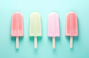 AI generated pastel sweet ice lollies are on a pink and blue background photo