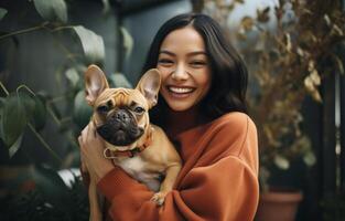 AI generated happy woman holding french bulldog photo