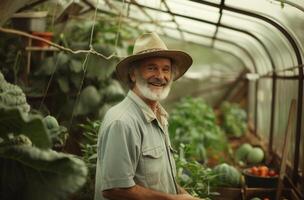 AI generated happy farmer in a greenhouse with lots of veggies photo