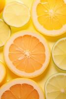 AI generated lemon, grapefruit, orange, jalapeno and lime slices over yellow background photo