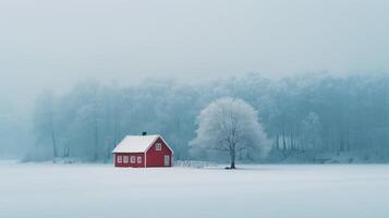 AI generated Lonely burgundy house in Norway. Winter landscape photo