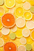 AI generated lemon, grapefruit, orange, jalapeno and lime slices over yellow background photo