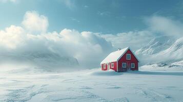 ai generado solitario borgoña casa en Noruega. invierno paisaje foto