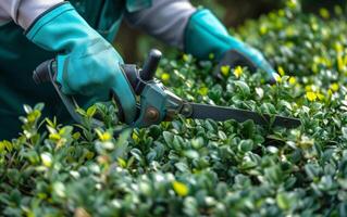 AI generated male gardener trims bushes with bush clippers photo