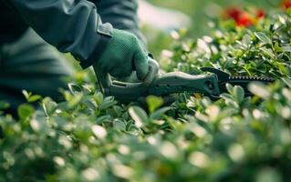 AI generated male gardener trims bushes with bush clippers photo