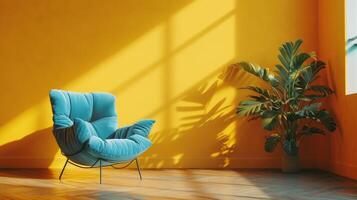 AI generated Minimalistic yellow interior with a bright blue modern armchair, ficus photo