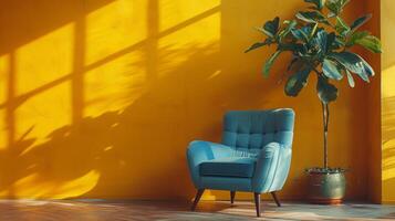 ai generado minimalista amarillo interior con un brillante azul moderno sillón, ficus foto