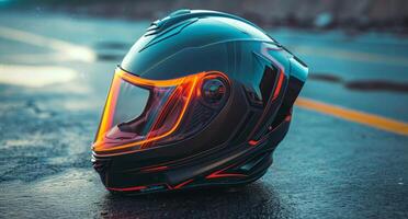 AI generated motorcycle helmet on a concrete floor with yellow and orange reflective photo