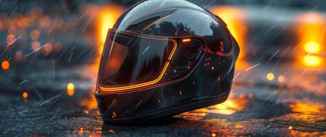 AI generated motorcycle helmet on a concrete floor with yellow and orange reflective photo