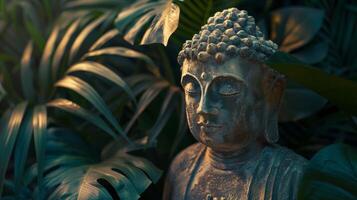 AI generated Stone buddha statue stands among tropical leaves photo