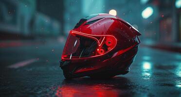 ai generado rojo casco de rcx motorista para motocicleta en un sombreado superficie en el oscuro foto