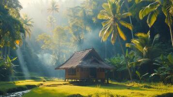 ai generado centro comercial rústico choza en el tropical bosque en bali con. foto